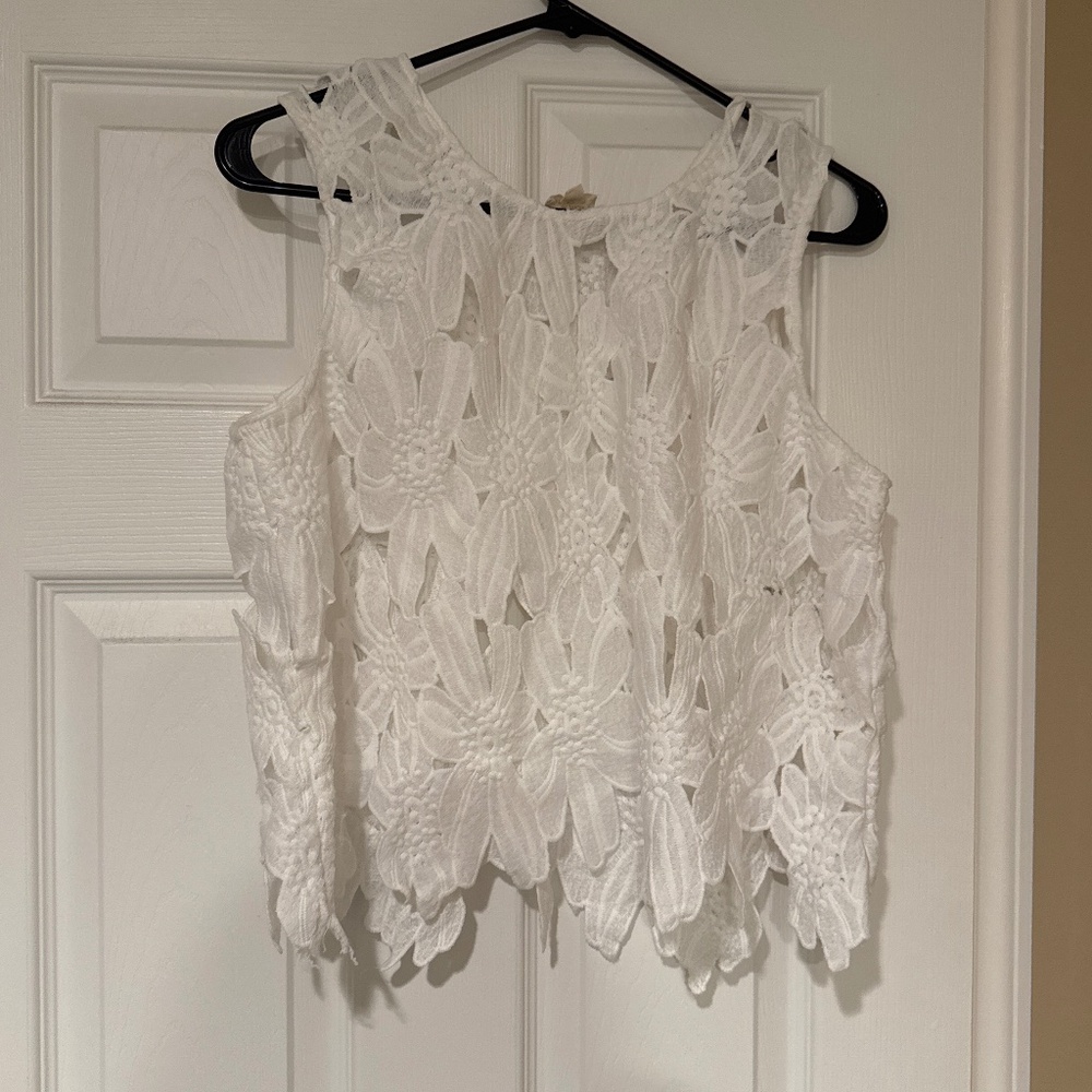 Caution To The Wind White Floral Lace Crop Top